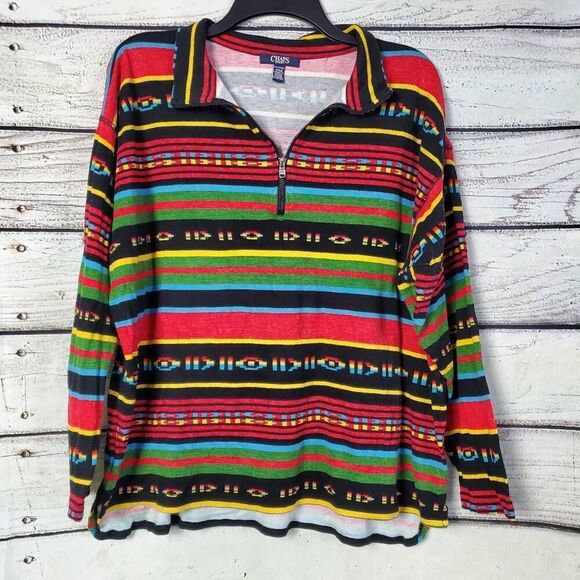 Chaps Sport Men's 2X Southwest Aztec Stripe Pullover 1/4 Zip Collar Cotton Long - Picture 1 of 7
